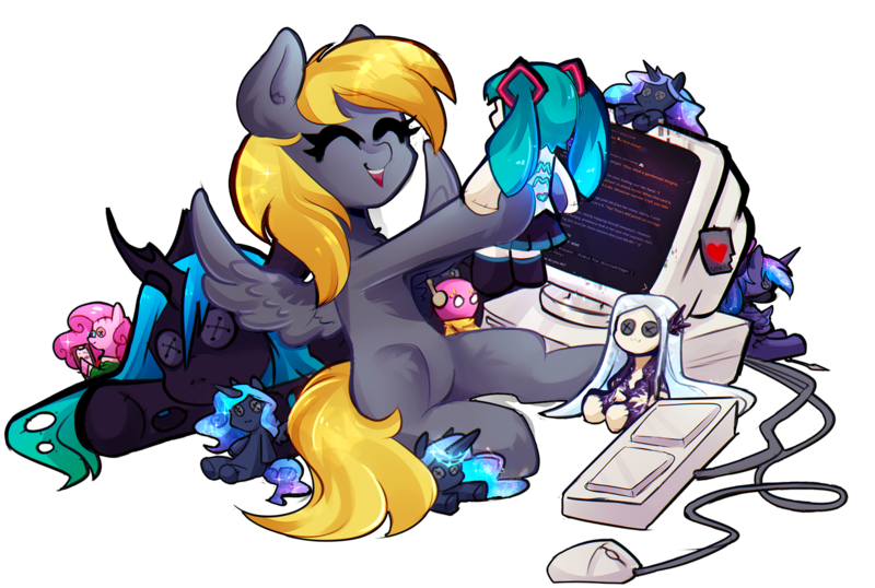 Size: 1580x1063 | Tagged: safe, artist:koveliana, derpy hooves, pinkie pie, princess luna, queen chrysalis, oc, oc:charybdis, oc:pebble, pegasus, pony, robot, /chag/, /mlp/, 4chan, button eyes, clipboard, computer, computer mouse, escii keyboard, eyes closed, female, happy, hatsune miku, heart, hoof hold, image, iterator, keyboard, kunai, mare, mascot, mask, monitor, note, open mouth, plushie, png, rain world, simple background, smiling, transparent background