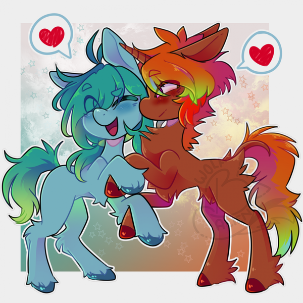 Size: 1919x1919 | Tagged: safe, artist:bwolfalien, derpibooru import, oc, unofficial characters only, earth pony, pony, unicorn, duo, heart, holding hooves, horn, image, one eye closed, open mouth, open smile, pictogram, png, rearing, smiling, unshorn fetlocks