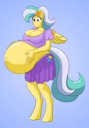 Size: 1049x1503 | Tagged: safe, artist:himitsudragon, derpibooru import, oc, oc:pacific breeze, unofficial characters only, anthro, unguligrade anthro, belly, belly button, big belly, clothes, flower, flower in hair, huge belly, image, looking at belly, outie belly button, png, pregnant, shirt, simple background, skirt, smiling