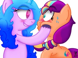 Size: 2160x1620 | Tagged: safe, artist:jesslmc16, derpibooru import, izzy moonbow, sunny starscout, earth pony, pony, unicorn, g5, blushing, cutie mark, duo, duo female, female, horn, image, lesbian, lidded eyes, looking at each other, looking at someone, mane stripe sunny, png, ship:moonscout, shipping, signature, simple background, smiling, squishy, squishy cheeks, sweat, white background