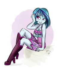 Size: 2000x2400 | Tagged: suggestive, artist:ponut_joe, derpibooru import, sonata dusk, equestria girls, g4, alternate hairstyle, bedroom eyes, boots, breasts, busty sonata dusk, cleavage, clothes, cute, dress, female, high heels, image, loose hair, png, sexy, shoes, sitting, sleeveless, smiling, solo, solo female, sonatabetes, stupid sexy sonata dusk