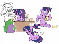 Size: 2048x1521 | Tagged: safe, artist:shagin_, derpibooru import, spike, twilight sparkle, twilight sparkle (alicorn), alicorn, dragon, human, pony, g4, bags under eyes, ballpoint pen, blushing, book, brush, chair, coffee, coffee mug, desk, disembodied hand, duo, female, hand, hoof on head, image, jpeg, korean, lying down, male, mare, moon runes, mug, ponyloaf, prone, scroll, simple background, sitting, smiling, speech bubble, stressed, sweat, traditional art, white background