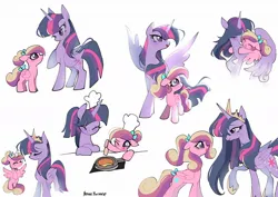 Size: 1199x848 | Tagged: safe, artist:petaltwinkle, derpibooru import, princess cadance, princess twilight 2.0, twilight sparkle, twilight sparkle (alicorn), alicorn, pony, g4, the last problem, age regression, bow, chef's hat, crown, cute, duo, eyes closed, fake horn, female, filly, filly cadance, foal, folded wings, food, hair bow, hat, height difference, hoof on chest, hoof shoes, hug, image, jewelry, jpeg, mare, older, older twilight, older twilight sparkle (alicorn), one eye closed, open mouth, pancakes, peytral, ponytail, raised hoof, regalia, simple background, smiling, spatula, spread wings, standing, tongue out, white background, wings, wink, younger