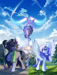 Size: 1576x2048 | Tagged: safe, artist:alus, artist:aluslikefafa, derpibooru import, oc, unofficial characters only, bird, dragon, pegasus, anime reference, chinese text, city, clothes, commission, duo, hoof on chest, image, jpeg, moon runes, scarf, spread wings, wings