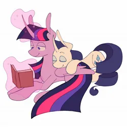 Size: 2048x2048 | Tagged: safe, artist:volchok_hehe, derpibooru import, rarity, twilight sparkle, twilight sparkle (alicorn), alicorn, pony, unicorn, g4, cuddling, duo, eyes closed, female, horn, image, jpeg, lesbian, lidded eyes, magic, mare, reading, ship:rarilight, shipping, simple background, sitting, smiling, sparkles, telekinesis, white background