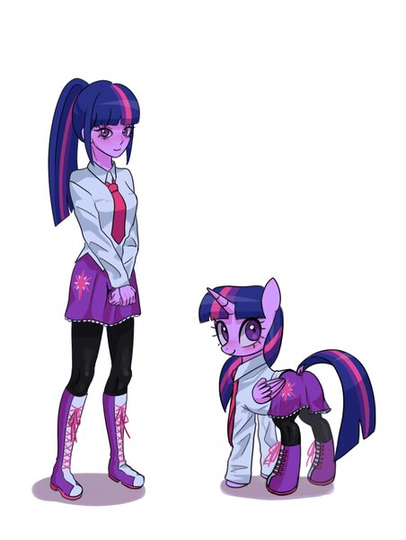 Size: 1327x1762 | Tagged: safe, artist:shagin_, derpibooru import, twilight sparkle, twilight sparkle (alicorn), alicorn, pony, equestria girls, g4, blushing, clothes, crossed arms, cutie mark, cutie mark on clothes, female, folded wings, image, jpeg, mare, necktie, ponytail, self paradox, self ponidox, shoes, simple background, skirt, smiling, socks, standing, stockings, thigh highs, white background, wings