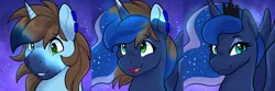 Size: 1800x600 | Tagged: suggestive, artist:rindeadsong, princess luna, oc, alicorn, pony, unicorn, bust, eye color change, fetish, heterochromia, image, looking at you, oc to canon, png, solo, transformation, transformation sequence, transgender transformation