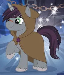 Size: 420x490 | Tagged: safe, ai content, derpibooru import, idw, machine learning assisted, screencap, shadow lock, pony, unicorn, g4, cloak, clothes, cropped, gameloft, gray coat, gray fur, hood up, horn, image, male, my little pony: magic princess, png, purple mane, purple tail, scar, solo, stallion, tail, unshorn fetlocks