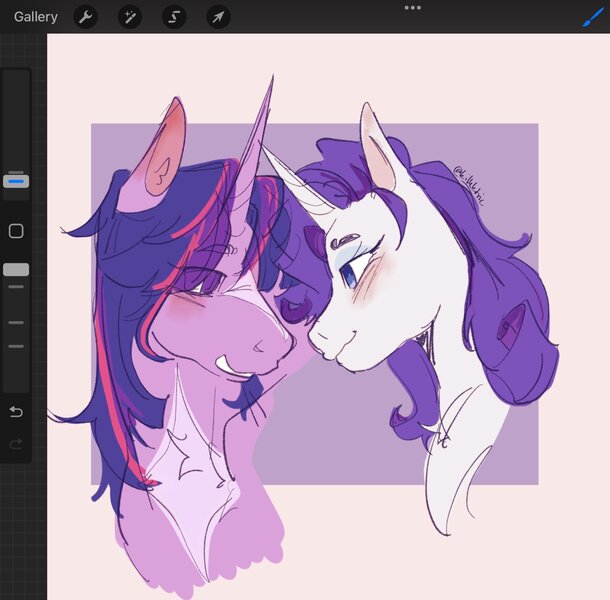 Size: 1596x1571 | Tagged: safe, artist:killektric, derpibooru import, rarity, twilight sparkle, pony, unicorn, g4, blushing, chest fluff, female, horn, image, jpeg, lesbian, looking at each other, looking at someone, mare, passepartout, procreate app, ship:rarilight, shipping, smiling