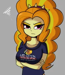 Size: 1292x1500 | Tagged: safe, artist:tjpones, derpibooru import, adagio dazzle, human, equestria girls, g4, adagio dazzle is not amused, adoragio, angry, arm under breasts, bass pro shop, big breasts, breasts, busty adagio dazzle, clothes, cute, female, frown, furrowed brow, gray background, image, looking at you, madorable, png, shirt, simple background, solo, unamused