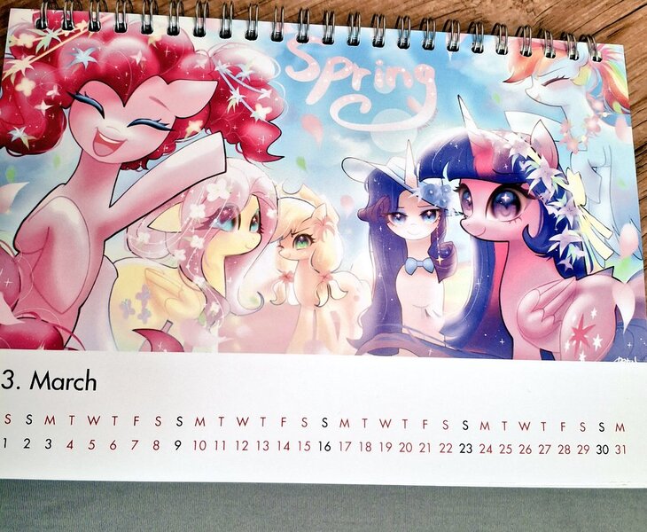 Size: 1024x842 | Tagged: safe, artist:petaltwinkle, derpibooru import, applejack, fluttershy, pinkie pie, rainbow dash, rarity, twilight sparkle, twilight sparkle (alicorn), alicorn, earth pony, pegasus, pony, unicorn, g4, blushing, bowtie, calendar, cowboy hat, eyes closed, female, floral head wreath, floral necklace, flower, happy, hat, hoof in air, horn, image, jpeg, looking at you, mane six, mare, petals, ponytail, smiling, stetson