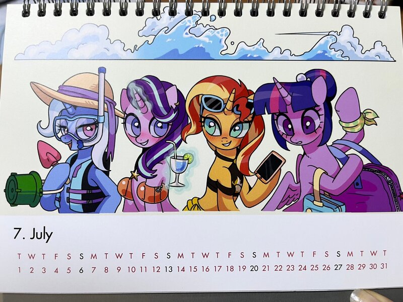 Size: 2048x1536 | Tagged: safe, artist:shagin_, derpibooru import, starlight glimmer, sunset shimmer, trixie, twilight sparkle, twilight sparkle (alicorn), alicorn, pony, unicorn, g4, bag, blushing, bucket, calendar, clothes, drink, female, floaty, hat, horn, image, jpeg, lifejacket, magic, mare, mobile phone, open mouth, phone, ponytail, pool toy, shovel, smartphone, smiling, snorkel, sunglasses, sunglasses on head, telekinesis