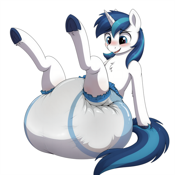 Size: 4000x4000 | Tagged: suggestive, ai content, derpibooru import, editor:wumbl3, shining armor, pony, unicorn, g4, abdl, absurd resolution, ai composition, blushing, chest fluff, clean diaper, diaper, diaper fetish, elbow fluff, fetish, horn, image, impossibly large diaper, legs in air, male, non-baby in diaper, png, simple background, sitting, smiling, solo, solo male, stallion, transparent background, underhoof