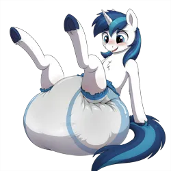 Size: 4000x4000 | Tagged: suggestive, ai content, derpibooru import, editor:wumbl3, shining armor, pony, unicorn, g4, abdl, absurd resolution, ai composition, blushing, chest fluff, clean diaper, diaper, diaper fetish, elbow fluff, fetish, horn, image, impossibly large diaper, legs in air, male, non-baby in diaper, png, simple background, sitting, smiling, solo, solo male, stallion, transparent background, underhoof