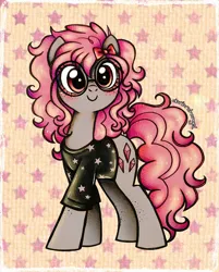 Size: 2329x2897 | Tagged: safe, artist:dariarchangel, derpibooru import, oc, oc:krista pebble, unofficial characters only, earth pony, pony, g4, adorable face, black clothes, black t-shirt, blushing, bow, c:, clothes, curly hair, curly mane, curly tail, cute, cute face, cute smile, earth pony oc, female, female oc, freckles, glasses, gray coat, hair accessory, hair bow, hoof freckles, image, leg freckles, looking at you, mare, mare oc, ocbetes, patterned background, pink hair, pink mane, pink tail, png, pony oc, red eyes, round glasses, shirt, smiling, standing, stars, t-shirt, tail, too cute, traditional art