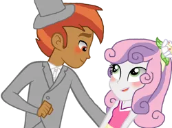 Size: 1280x957 | Tagged: safe, artist:songpenseranademlp, derpibooru import, button mash, sweetie belle, human, equestria girls, g4, base used, blushing, buttonbetes, clothes, cute, diasweetes, duo, equestria girls-ified, fall formal outfits, female, flower, flower in hair, hat, humanized, image, looking at each other, looking at someone, male, open mouth, open smile, png, ship:sweetiemash, shipping, smiling, smiling at each other, straight, suit, top hat