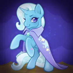 Size: 2400x2400 | Tagged: safe, artist:sparkytopia, derpibooru import, trixie, pony, unicorn, g4, cape, clothes, eyebrows, female, horn, image, looking at you, mare, png, rearing, signature, solo, trixie's cape