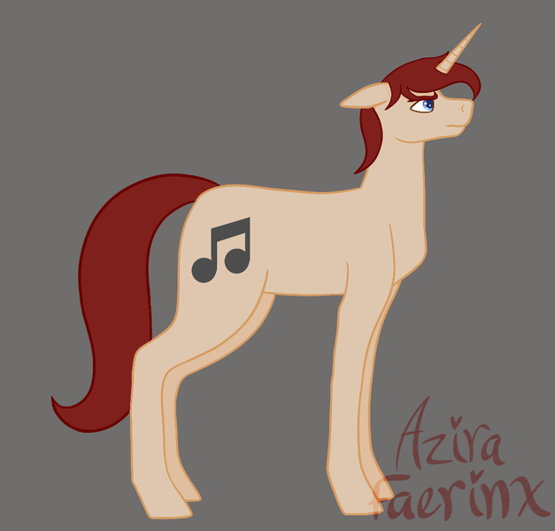 Size: 1028x984 | Tagged: safe, artist:azira faerinx, derpibooru import, oc, unofficial characters only, pony, unicorn, g4, horn, image, long tail, male, music notes, png, red mane, serious, serious face, short mane, side view, solo, stallion, tail, tan coat, unicorn oc