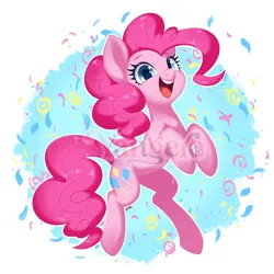 Size: 4000x4000 | Tagged: safe, artist:yangere, derpibooru import, pinkie pie, earth pony, pony, g4, confetti, female, full body, happy, image, jumping, looking at you, mare, obtrusive watermark, open mouth, open smile, png, smiling, smiling at you, solo, watermark