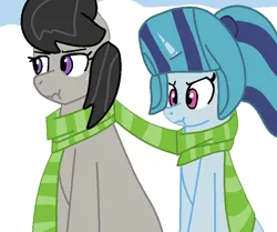 Size: 777x650 | Tagged: safe, artist:jadeharmony, derpibooru import, octavia melody, sonata dusk, ponified, earth pony, pony, unicorn, g4, base used, blushing, clothes, cute, duo, female, horn, image, lesbian, mare, png, scarf, shipping, sitting, snow, sonatabetes, sontavia, unicorn sonata dusk, winter