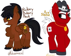 Size: 923x725 | Tagged: safe, artist:kharmacal, derpibooru import, oc, oc:ace sleeve, oc:hickory dickory dock, unofficial characters only, earth pony, pegasus, pony, caption, chest fluff, duo, ear fluff, eyebrows, folded wings, grin, hat, image, image macro, jewelry, looking offscreen, necklace, png, simple background, smiling, text, transparent background, unshorn fetlocks, wings