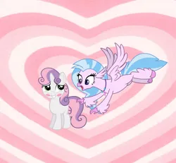 Size: 958x887 | Tagged: artist needed, source needed, safe, anonymous artist, artist:firestorm-can, artist:hendro107, derpibooru import, silverstream, sweetie belle, classical hippogriff, hippogriff, pony, unicorn, blushing, crack shipping, cute, diastreamies, diasweetes, duo, female, flying, grin, heart, heart background, horn, image, lesbian, open mouth, open smile, png, ship:sweetiestream, shipping, smiling, spread wings, wings