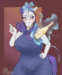 Size: 1752x2103 | Tagged: safe, artist:askaram, derpibooru import, rarity, anthro, pony, unicorn, g4, alcohol, big breasts, blush lines, blushing, bottle, breasts, busty rarity, champagne, clothes, dress, female, frown, glow, glowing horn, hand on hip, hoers, horn, huge breasts, image, jpeg, levitation, magic, mare, solo, telekinesis, wide hips, wine, wine bottle