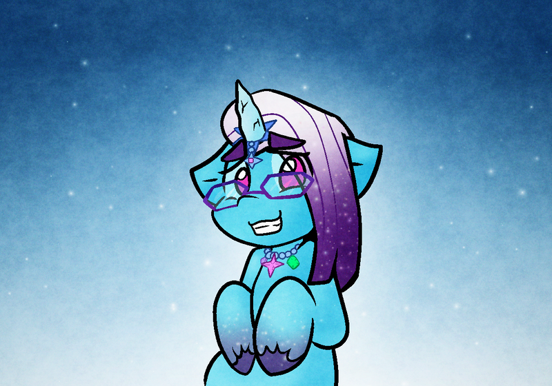 Size: 1223x856 | Tagged: safe, alternate version, artist:zutcha, derpibooru import, pony, unicorn, g5, auroricorn, comet (g5), cometbetes, cute, eye clipping through hair, eyebrows, eyebrows visible through hair, floppy ears, glasses, gradient background, grin, horn, image, jewelry, looking at you, male, necklace, png, smiling, smiling at you, snow, snowfall, solo, stallion, unshorn fetlocks