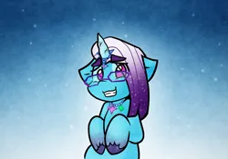 Size: 1223x856 | Tagged: safe, alternate version, artist:zutcha, derpibooru import, pony, unicorn, g5, auroricorn, comet (g5), cometbetes, cute, eye clipping through hair, eyebrows, eyebrows visible through hair, floppy ears, glasses, gradient background, grin, horn, image, jewelry, looking at you, male, necklace, png, smiling, smiling at you, snow, snowfall, solo, stallion, unshorn fetlocks