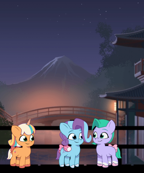 Size: 954x1141 | Tagged: safe, artist:caseyben887, artist:prixy05, derpibooru import, earth pony, pegasus, pony, unicorn, g5, my little pony: tell your tale, bow, bridge, coat markings, female, fence, filly, foal, glory (g5), grin, horn, house, image, lamp, lantern, looking at each other, looking at someone, mountain, night, peach fizz, pippsqueak trio, pippsqueaks, png, river, seashell (g5), sky, smiling, smiling at each other, socks (coat marking), stars, tail, tail bow, tree, water