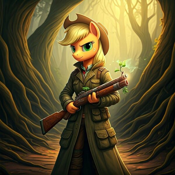 Size: 1024x1024 | Tagged: safe, ai content, generator:google imagen 3.0, machine learning generated, nightcafe ai, applejack, gun, image, jpeg, mage, plant, weapon