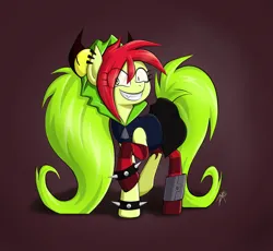 Size: 2906x2672 | Tagged: safe, artist:zetamad, derpibooru import, ponified, pony, bracelet, clothes, crossover, demencia, grin, image, jpeg, raised hoof, smiling, solo, spiked wristband, villainous, wristband