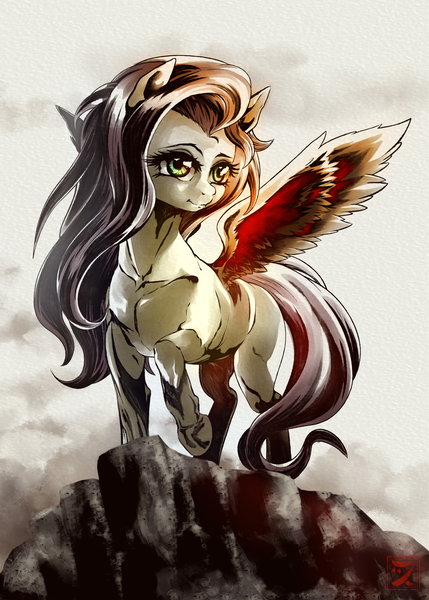 Size: 2000x2800 | Tagged: safe, artist:zetamad, derpibooru import, fluttershy, pegasus, pony, g4, cliff, female, image, jpeg, mare, raised hoof, solo, spread wings, standing, three quarter view, turned head, wings