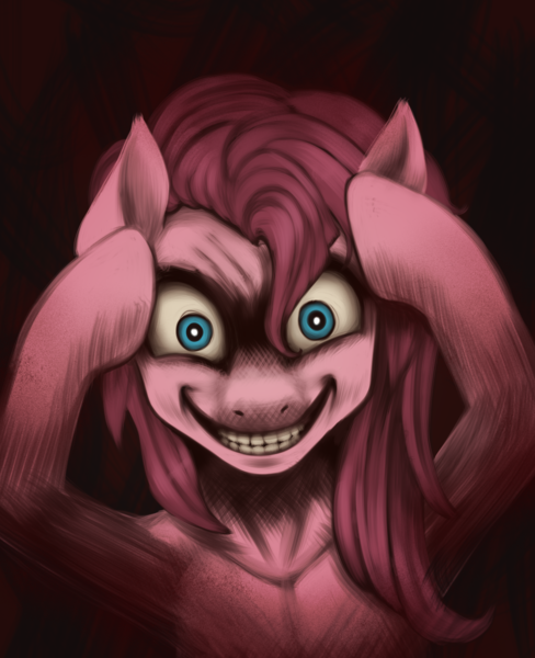 Size: 1300x1600 | Tagged: semi-grimdark, artist:zetamad, derpibooru import, pinkie pie, earth pony, pony, g4, atg 2023, creepy, creepy smile, female, image, mare, newbie artist training grounds, png, smiling, solo, teeth