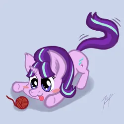 Size: 1300x1300 | Tagged: safe, artist:zetamad, derpibooru import, starlight glimmer, pony, unicorn, g4, :3, :p, behaving like a cat, blushing, cute, eyes on the prize, female, glimmerbetes, horn, image, mare, png, smiling, solo, tongue out, yarn, yarn ball