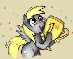 Size: 1500x1200 | Tagged: safe, artist:zetamad, derpibooru import, derpy hooves, pegasus, pony, g4, atg 2019, confetti, crying, female, image, jpeg, mare, newbie artist training grounds, open mouth, open smile, simple background, smiling, solo, spread wings, tears of joy, teary eyes, trophy, wings, yellow background