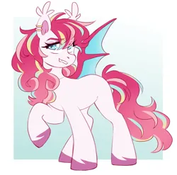 Size: 1946x1926 | Tagged: safe, artist:cheekipone, ponerpics import, oc, unnamed oc, unofficial characters only, bat pony, pony, bat pony oc, bat wings, ear piercing, ear tufts, eye clipping through hair, eyebrows visible through hair, fangs, female, image, mare, missing cutie mark, passepartout, piercing, png, raised hoof, smiling, solo, spread wings, standing, turned head, unshorn fetlocks, wings