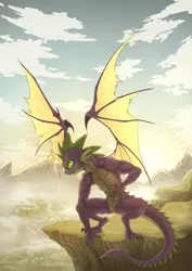 Size: 2980x4200 | Tagged: safe, artist:zetamad, derpibooru import, spike, dragon, g4, beefspike, dragon wings, image, jpeg, male, muscles, older, older spike, outdoors, scenery, scenery porn, solo, spread wings, winged spike, wings