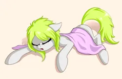 Size: 1300x840 | Tagged: safe, artist:zetamad, derpibooru import, oc, oc:lemon sketch, unofficial characters only, earth pony, pony, blanket, earth pony oc, eyes closed, female, image, jpeg, lying down, mare, open mouth, simple background, sleeping, solo