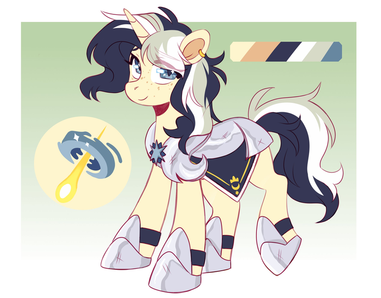 Size: 2048x1600 | Tagged: safe, artist:cheekipone, ponerpics import, oc, oc:silky star, unofficial characters only, pony, unicorn, armor, armored pony, cloth, color palette, cutie mark, eye clipping through hair, eyebrows visible through hair, female, flanchard, freckles, guardsmare, hoof shoes, horn, image, mare, passepartout, peytral, png, raised leg, reference sheet, royal guard, smiling, solo, three toned mane, three toned tail, unicorn horn, unicorn oc, unshorn fetlocks