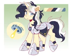 Size: 2048x1600 | Tagged: safe, artist:cheekipone, ponerpics import, oc, oc:silky star, unofficial characters only, pony, unicorn, armor, armored pony, cloth, color palette, cutie mark, eye clipping through hair, eyebrows visible through hair, female, flanchard, freckles, guardsmare, hoof shoes, horn, image, mare, passepartout, peytral, png, raised leg, reference sheet, royal guard, smiling, solo, three toned mane, three toned tail, unicorn horn, unicorn oc, unshorn fetlocks