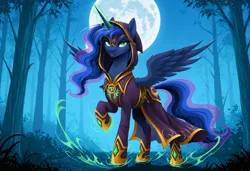 Size: 2104x1440 | Tagged: safe, ai content, generator:zoinksnoob, machine learning generated, princess luna, alicorn, pony, g4, casting a spell, clothes, disdain, female, forest, full moon, hood, image, jpeg, looking at you, magic, magic aura, mare, moon, night, prompter:siber, raised hoof, solo, spread wings, standing, tree, warlock, wings