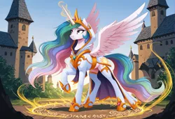 Size: 2104x1440 | Tagged: safe, ai content, generator:zoinksnoob, machine learning generated, princess celestia, alicorn, pony, g4, casting a spell, castle, clothes, female, glyph, hood, hoof shoes, image, jpeg, magic, magic aura, mare, outdoors, priestess, prompter:siber, raised hoof, socks, solo, spread wings, standing, thigh highs, wings, worried