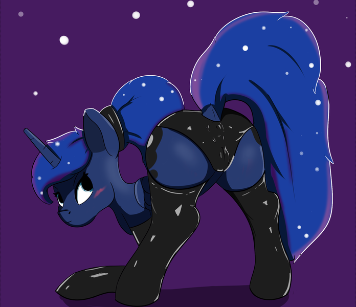 Size: 2243x1934 | Tagged: questionable, artist:hamsandwich, derpibooru import, princess luna, alicorn, pony, g4, anus cameltoe, ass up, blushing, butt, cameltoe, clothes, dock, face down ass up, female, image, latex, latex socks, looking back, moonbutt, panties, plot, png, ponytail, socks, solo, solo female, tail, underwear