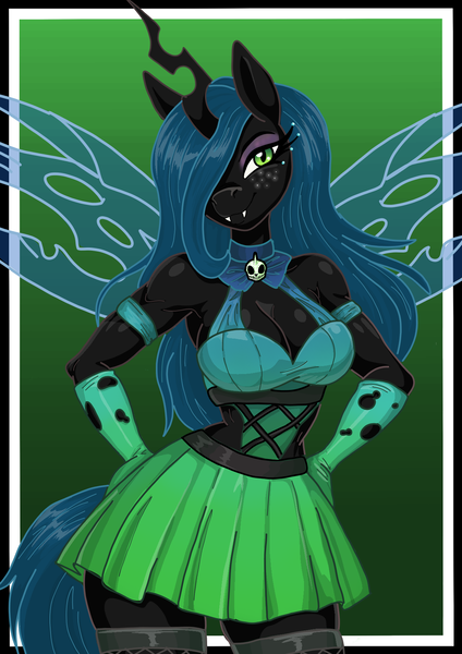 Size: 1240x1754 | Tagged: safe, artist:rekheadz, derpibooru import, queen chrysalis, anthro, changeling, changeling queen, g4, bedroom eyes, breasts, busty queen chrysalis, cleavage, clothes, female, freckles, gradient background, hair over one eye, hand on hip, image, png, skirt, smiling, solo