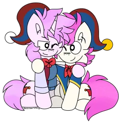 Size: 3000x3000 | Tagged: safe, artist:nordicgoat, derpibooru import, oc, oc:lokloy, unofficial characters only, earth pony, unicorn, brothers, clothes, duo, hat, horn, hug, image, male, one eye closed, png, siblings, wink