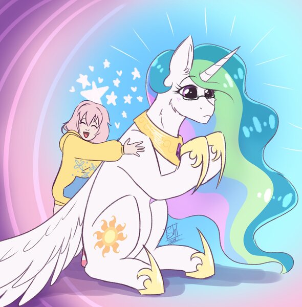 Size: 1854x1884 | Tagged: safe, artist:shamy-crist, derpibooru import, princess celestia, alicorn, human, pony, g4, child, duo, female, glasses, hug, human to pony, image, jpeg, post-transformation, sitting, transformation, wings, wings down