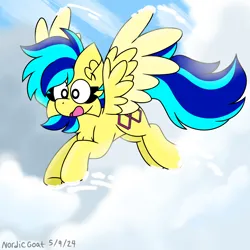 Size: 3000x3000 | Tagged: safe, artist:nordicgoat, derpibooru import, oc, oc:koa, pegasus, cheek fluff, chest fluff, cloud, female, happy, image, jumping, open mouth, png, solo