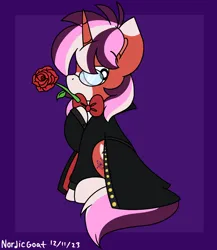 Size: 2608x3000 | Tagged: safe, artist:nordicgoat, derpibooru import, oc, unofficial characters only, unicorn, bowtie, cape, clothes, coat markings, flower, glasses, horn, image, lidded eyes, looking back, male, mouth hold, png, raised hoof, rose, solo, suit