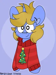 Size: 3000x4000 | Tagged: safe, artist:nordicgoat, derpibooru import, oc, unofficial characters only, unicorn, blushing, cheek fluff, chest fluff, christmas, clothes, halfbody, holiday, horn, image, looking at you, male, png, solo, sweater